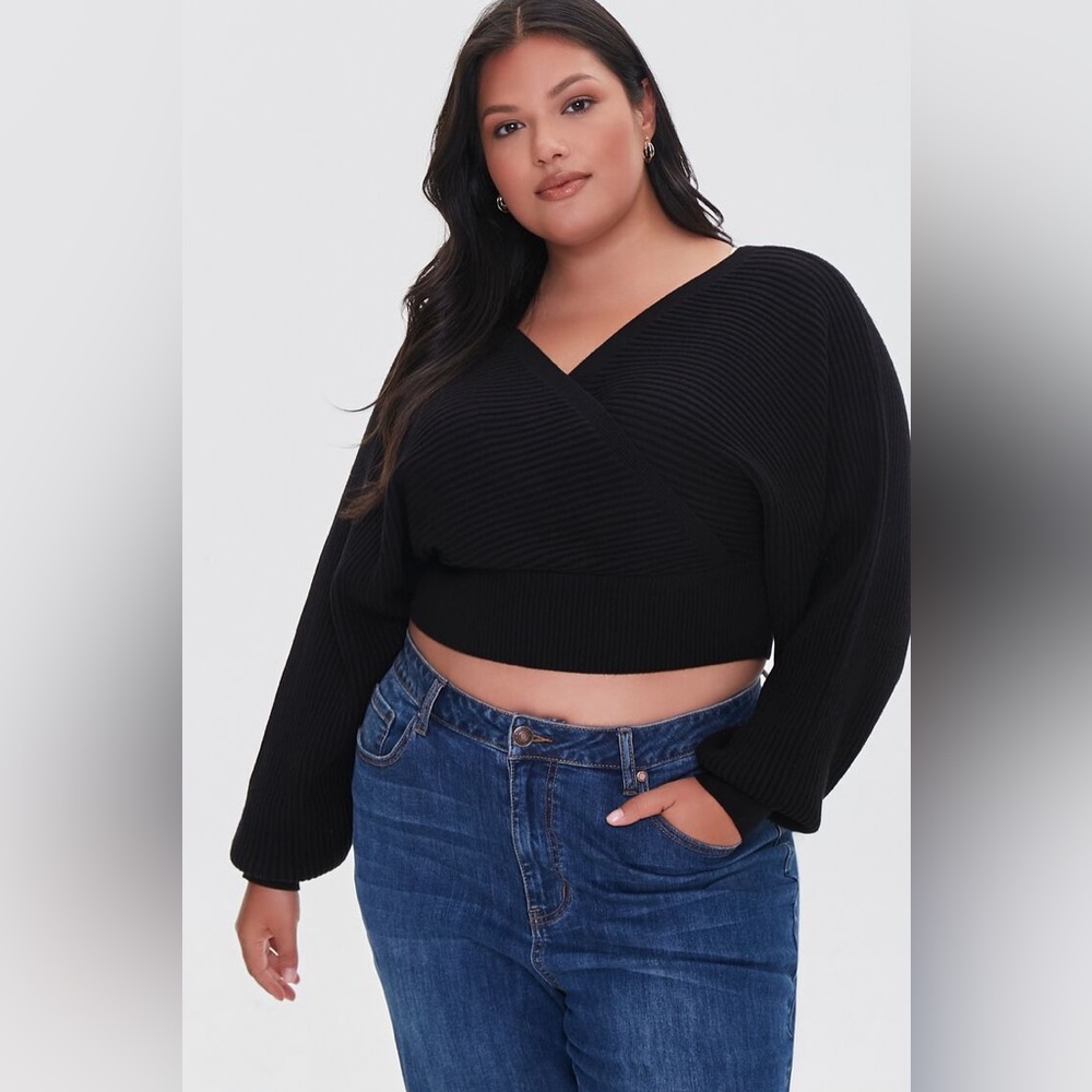 Black Ribbed Surplice Sweater